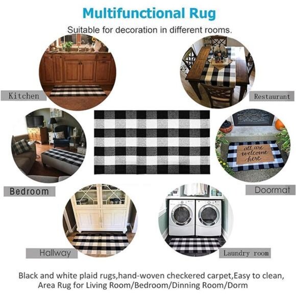 Cotton Buffalo Plaid Rug 27.5"x43" Black and White Checked Rug Washable Doormats - Picture 6 of 8